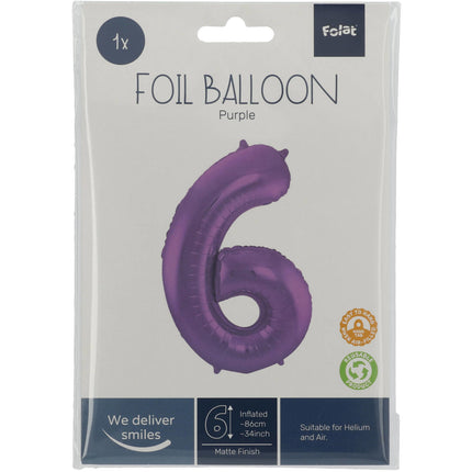 Folie Ballon Cijfer 6 Mat Paars XL 86cm leeg