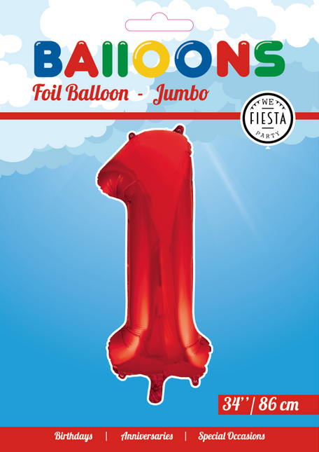 Folie Ballon Cijfer 1 Rood XL 86cm leeg