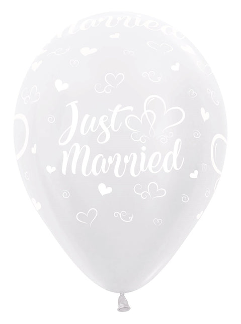 Ballonnen Just Married Hearts Pearl White 30cm 25st