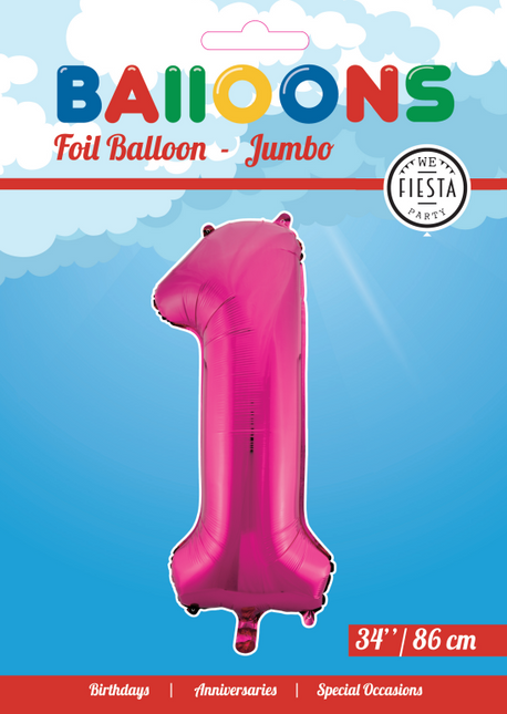 Folie Ballon Cijfer 1 Fuchsia XL 86cm leeg