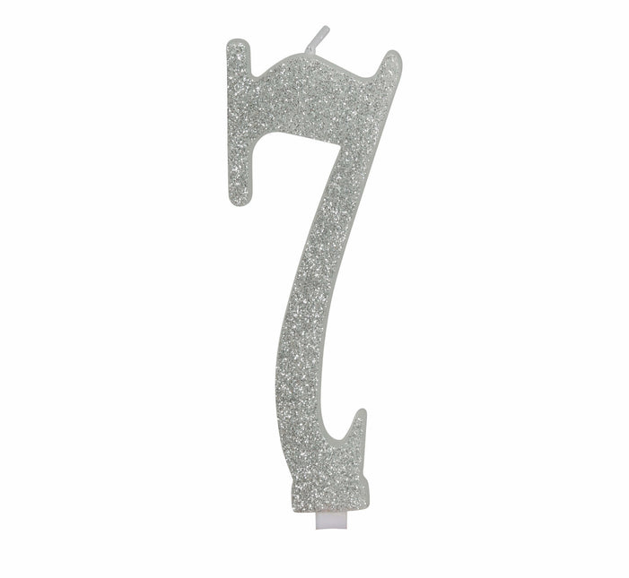 Zilveren Kaars 7 Jaar Glitter 12,5cm