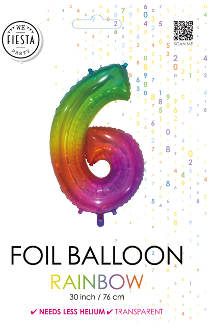 Folieballon Cijfer 6 Regenboog Transparant 66cm