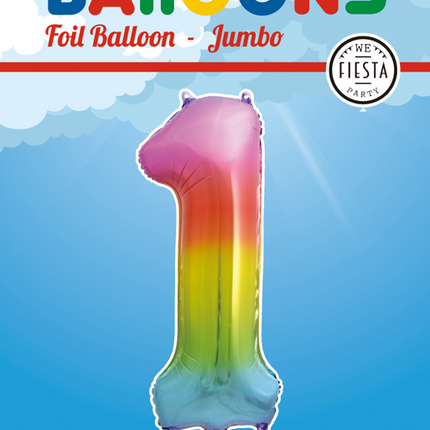 Folie Ballon Cijfer 1 Regenboog XL 86cm leeg