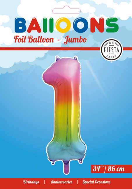 Folie Ballon Cijfer 1 Regenboog XL 86cm leeg