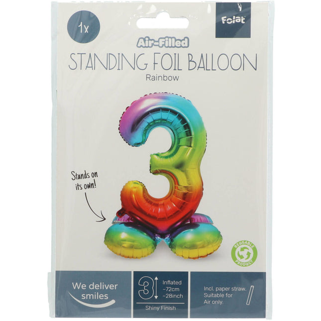 Folie Ballon Cijfer 3 Regenboog met standaard 72cm