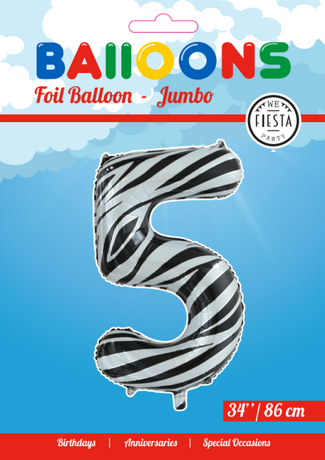 Folie Ballon Cijfer 5 Zebra XL 86cm leeg