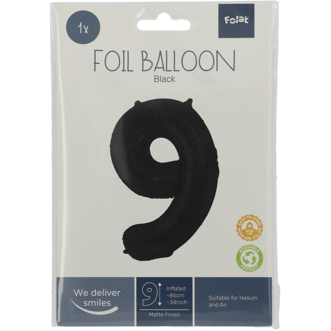 Folie Ballon Cijfer 9 Mat Zwart XL 86cm leeg