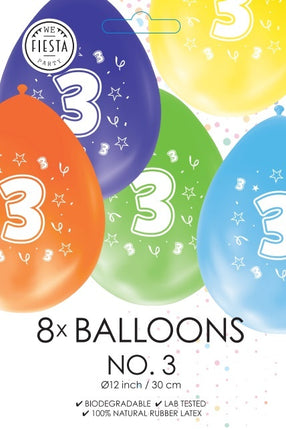 Gekleurde Ballonnen 3 Jaar 30cm 8st