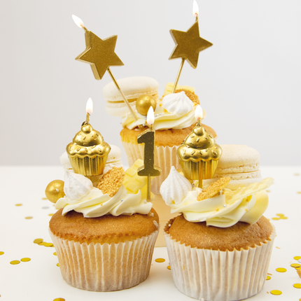 Kaarsjes 1 Jaar Cupcake Goud 17,5cm