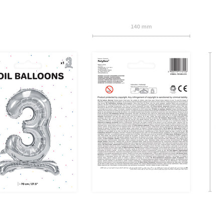 Folie Ballon Cijfer 3 Zilver Standaard Leeg 70cm