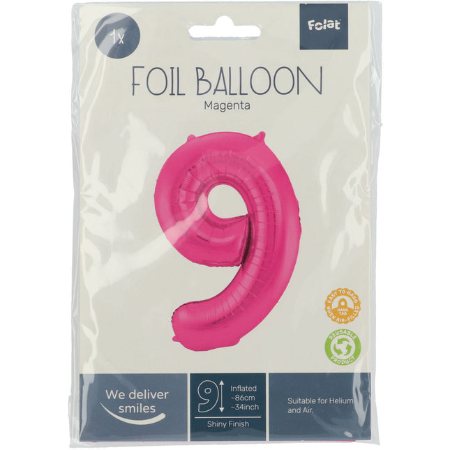 Folie Ballon Cijfer 9 Fuchsia Metallic XL 86cm leeg