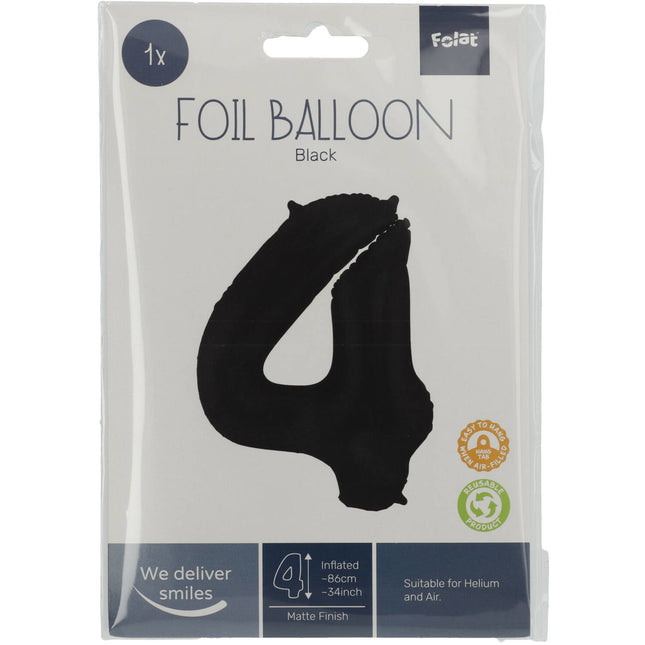 Folie Ballon Cijfer 4 Mat Zwart XL 86cm leeg