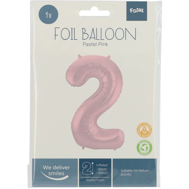 Folie Ballon Cijfer 2 Pastel Roze XL 86cm leeg