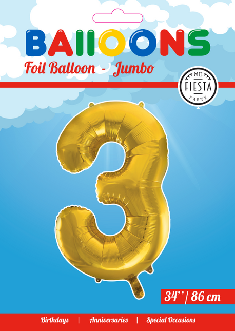 Folie Ballon Cijfer 3 Goud XL 86cm leeg