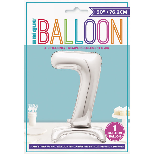 Folie Ballon Cijfer 7 Zilver Standaard 76cm