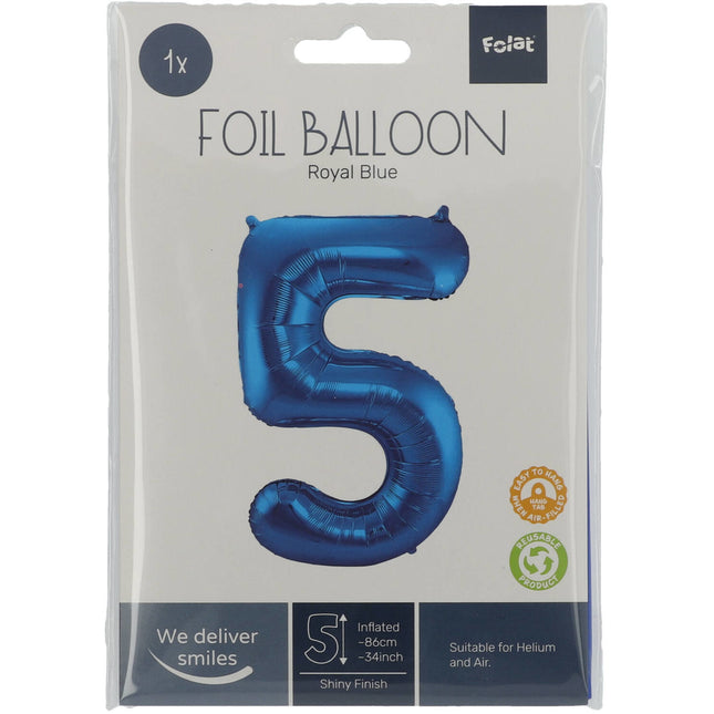 Folie Ballon Cijfer 5 Blauw Metallic XL 86cm leeg
