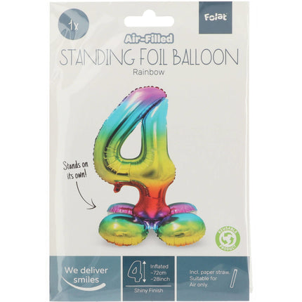 Folie Ballon Cijfer 4 Regenboog met standaard 72cm