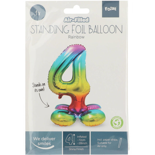 Folie Ballon Cijfer 4 Regenboog met standaard 72cm