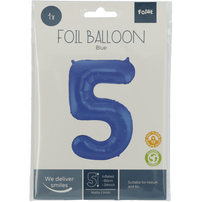 Folie Ballon Cijfer 5 Mat Blauw XL 86cm leeg