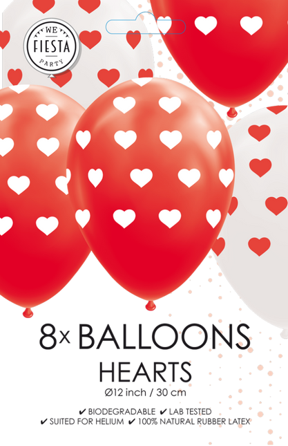 Hartjes Ballonnen Rood Wit 30,5cm 8st