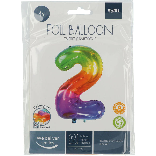 Folie Ballon Cijfer 2 Regenboog XL 81cm leeg