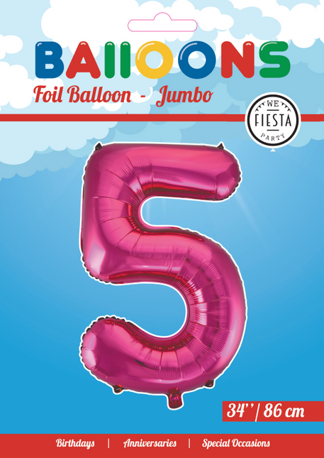 Folie Ballon Cijfer 5 Fuchsia XL 86cm leeg