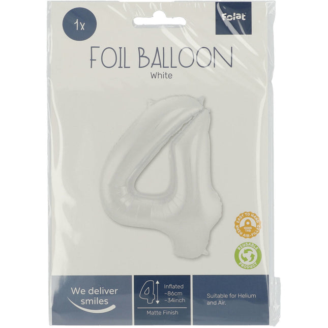 Folie Ballon Cijfer 4 Mat Wit XL 86cm leeg