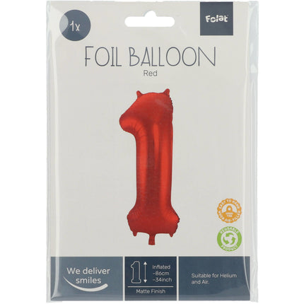 Folie Ballon Cijfer 1 Mat Rood XL 86cm leeg