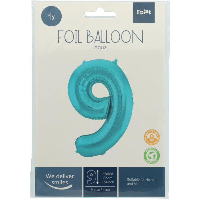 Folie Ballon Cijfer 9 Pastel Mintgroen XL 86cm leeg