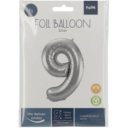 Folie Ballon Cijfer 9 Zilver Metallic XL 86cm leeg