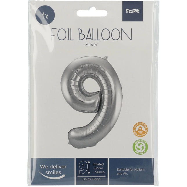 Folie Ballon Cijfer 9 Zilver Metallic XL 86cm leeg