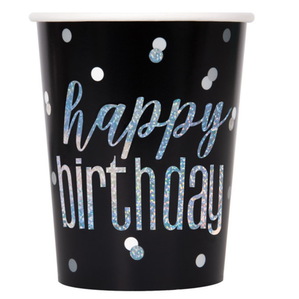 Happy Birthday Bekers Zwart Glitter 266ml 8st