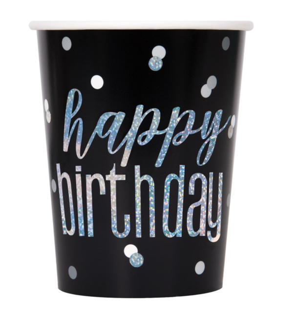 Happy Birthday Bekers Zwart Glitter 266ml 8st