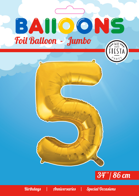 Folie Ballon Cijfer 5 Goud XL 86cm leeg