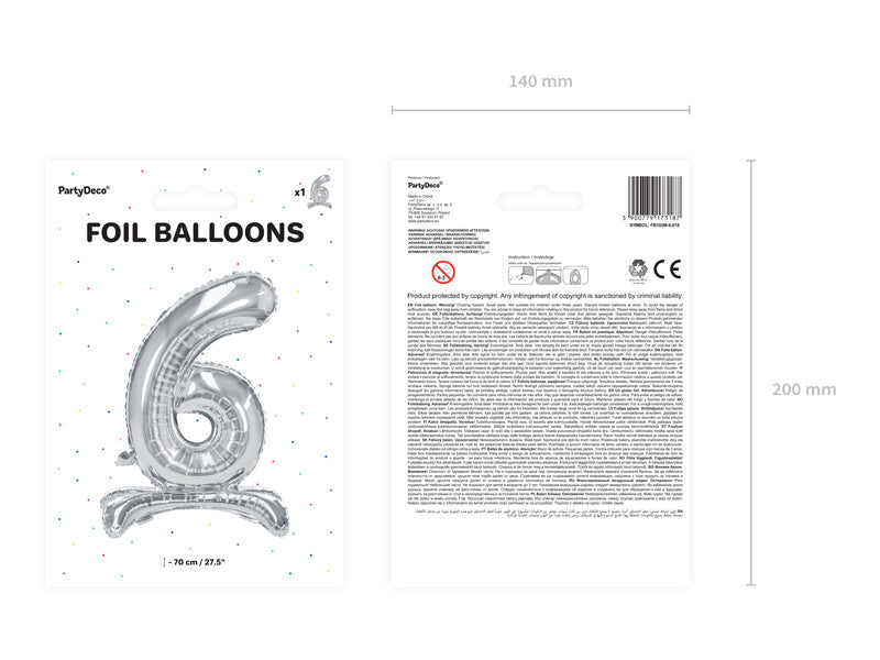 Folie Ballon Cijfer 6 Zilver Standaard Leeg 70cm