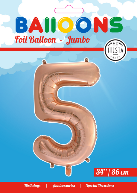 Folie Ballon Cijfer 5 Rose Goud XL 86cm leeg