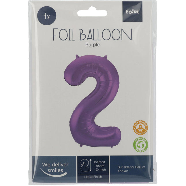 Folie Ballon Cijfer 2 Mat Paars XL 86cm leeg