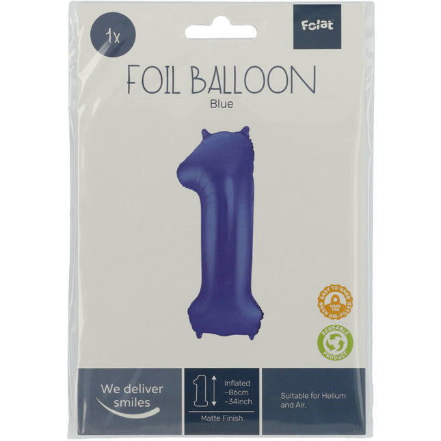 Folie Ballon Cijfer 1 Mat Blauw XL 86cm leeg