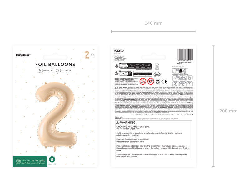 Foil Balloon Number ''2'', 72cm, beige