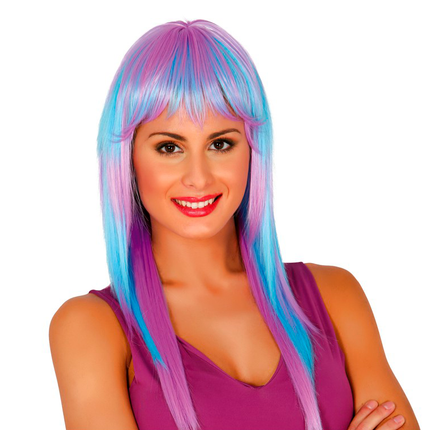 Pruik Lang Haar Blauw Roze