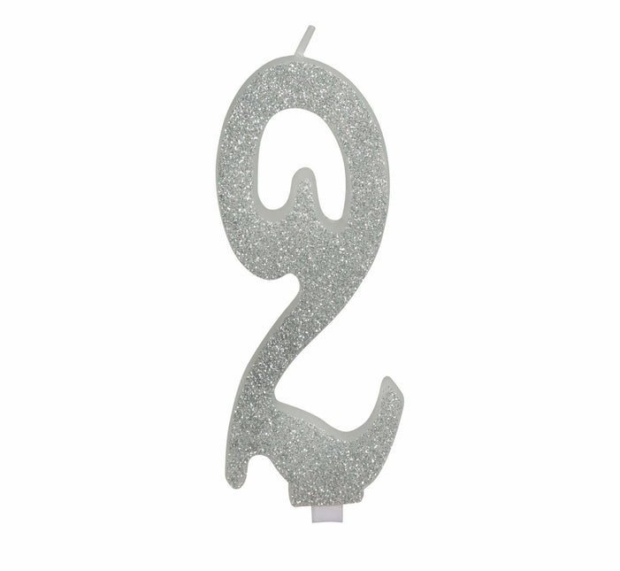 Zilveren Kaars 2 Jaar Glitter 12,5cm