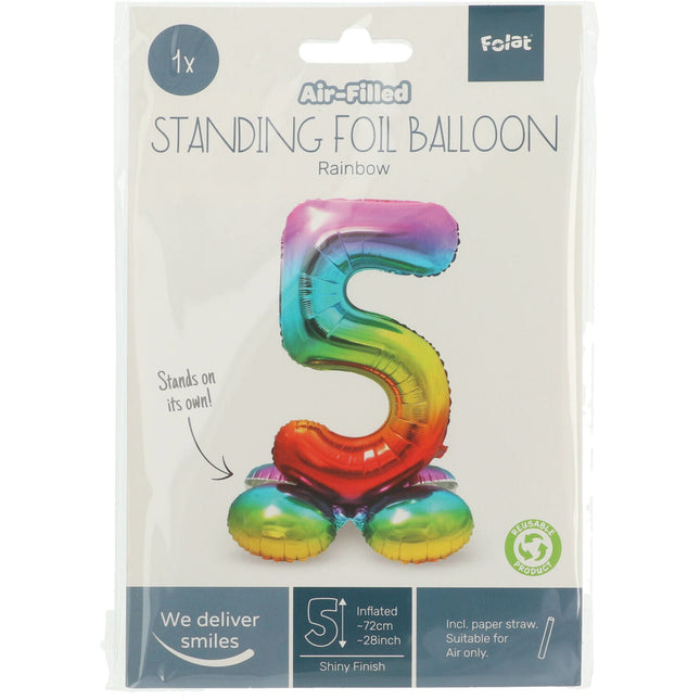 Folie Ballon Cijfer 5 Regenboog met standaard 72cm