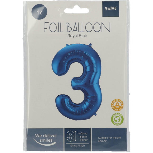 Folie Ballon Cijfer 3 Blauw Metallic XL 86cm leeg