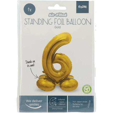 Folie Ballon Cijfer 6 Goud met standaard 72cm