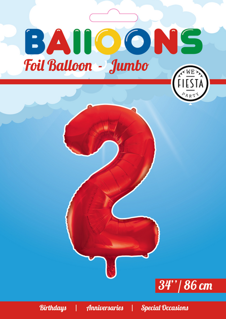 Folie Ballon Cijfer 2 Rood XL 86cm leeg
