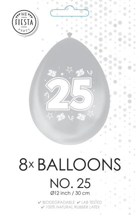 Zilver Ballonnen 25 Jaar Metallic Dubbelzijdig 30cm 8st