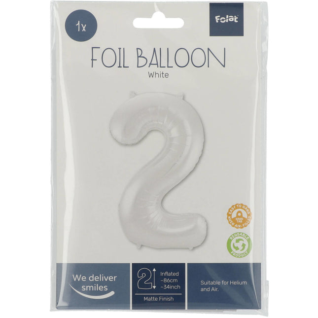 Folie Ballon Cijfer 2 Mat Wit XL 86cm leeg