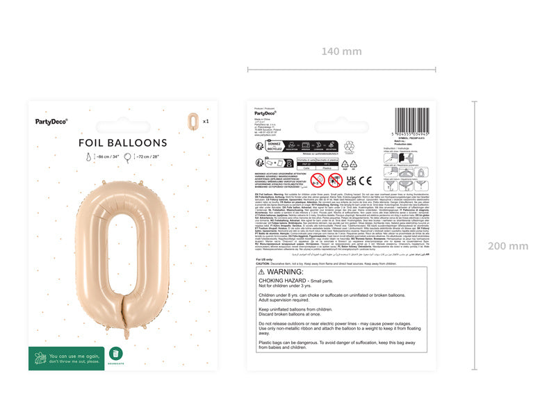 Foil Balloon Number ''0'', 72cm, beige