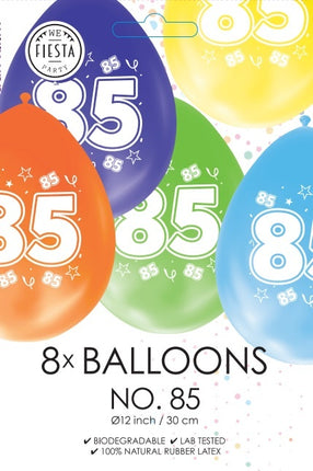 Gekleurde Ballonnen 85 Jaar 30cm 8st