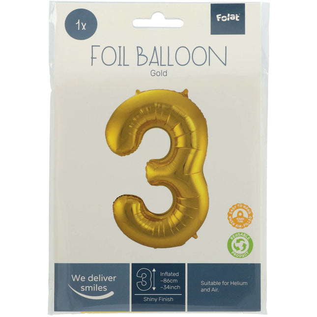 Folie Ballon Cijfer 3 Goud Metallic XL 86cm leeg